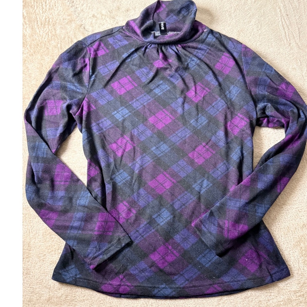 Allegra K Womens Purple Argyle Plaid Turtleneck Top Size M y2K Academia Preppt
